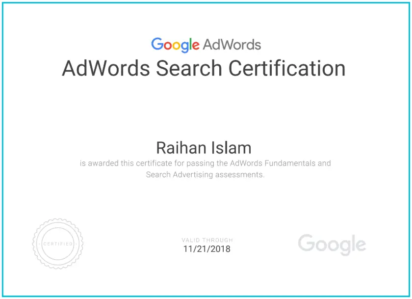 Google Adwords Certification - Raihan Islam
