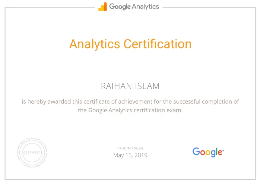 Google Analytics Certification for Raihan Islam