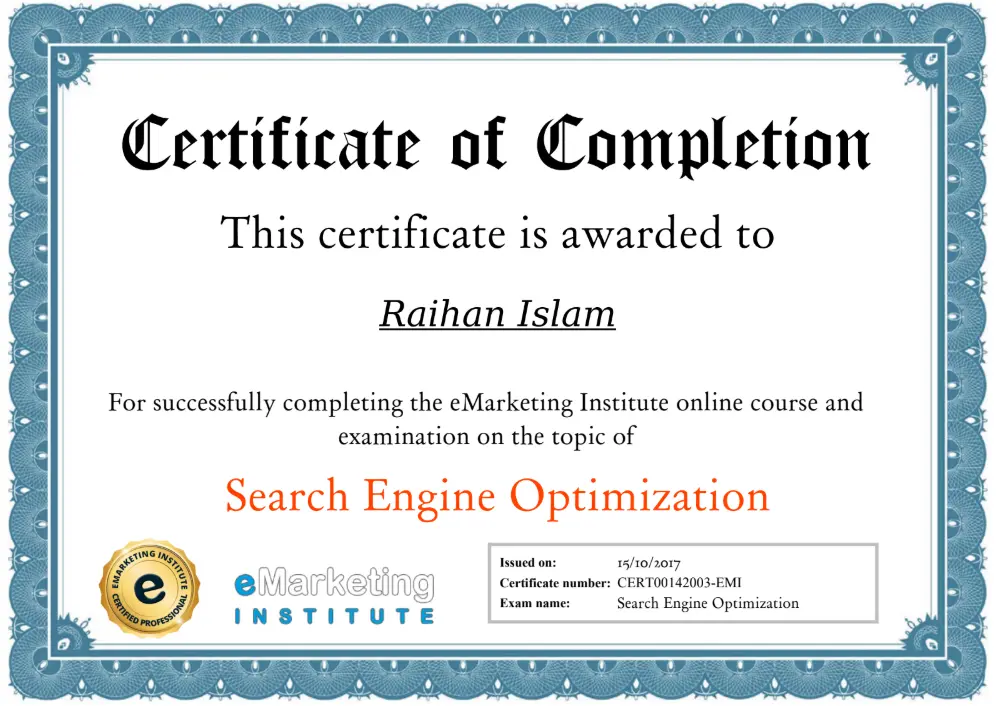 eMarketing institute Certificate for Raihan Islam